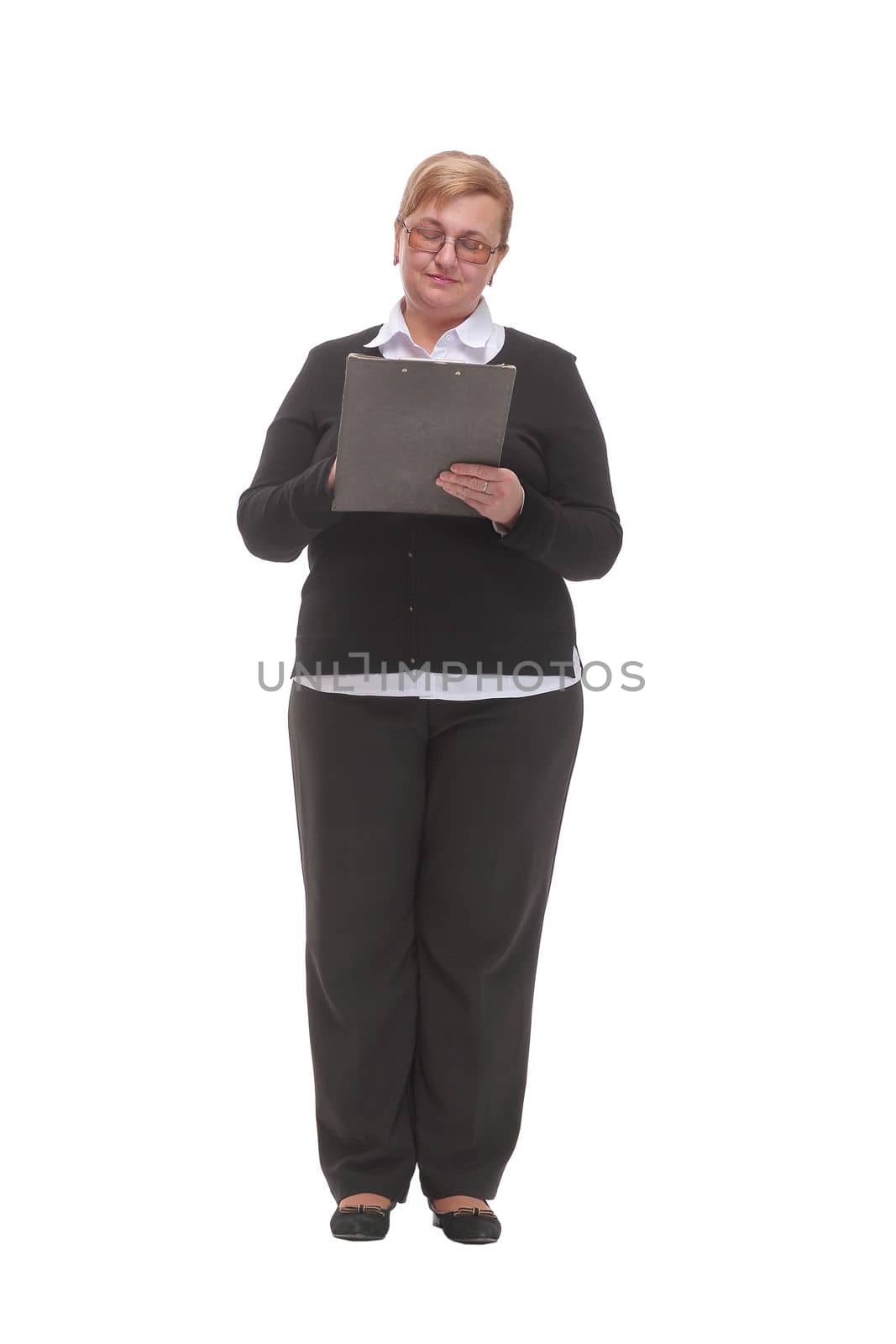 Portrait senior business women with clipboard and document in hands looking at camera