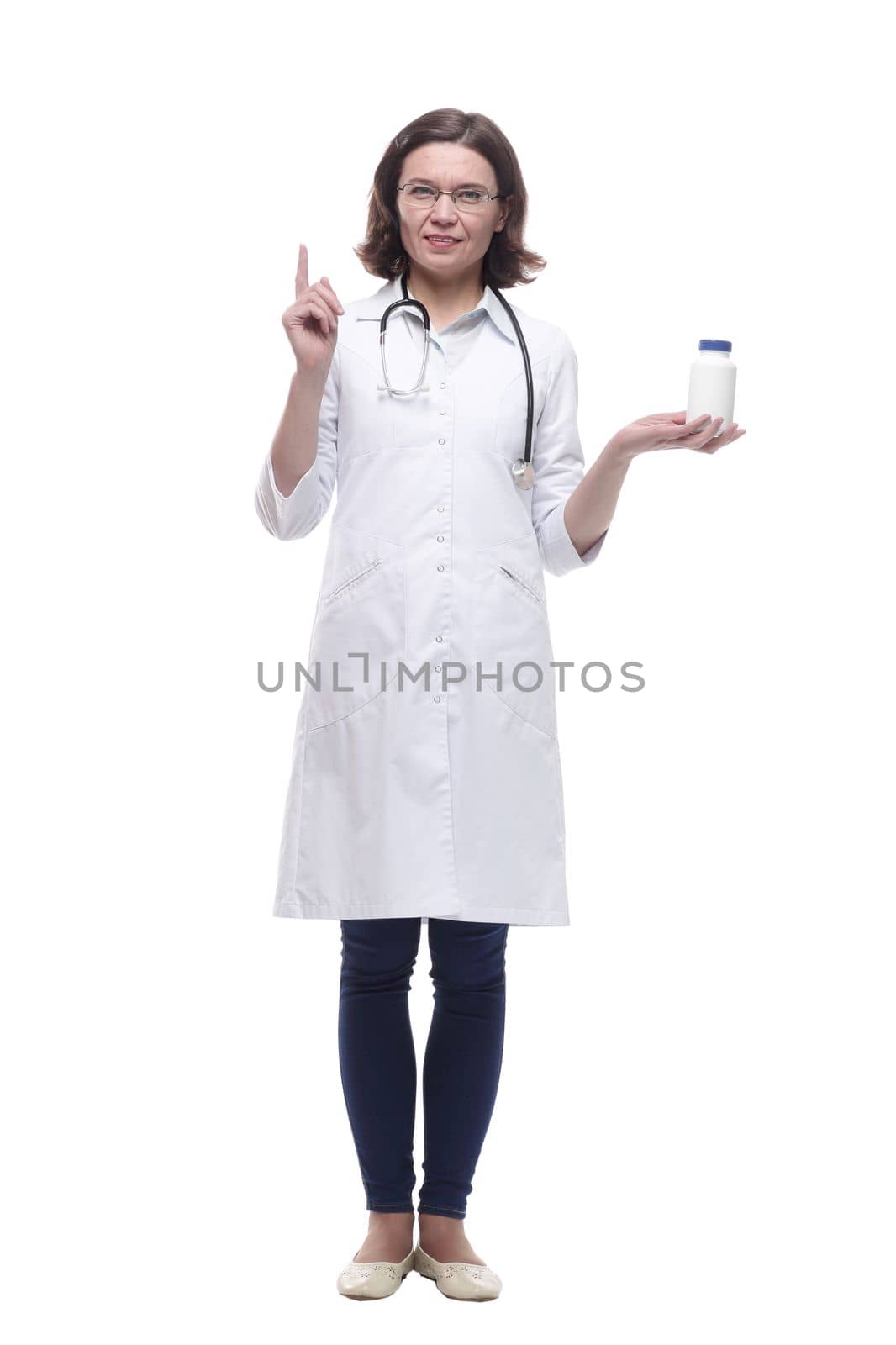 Mature female doctor with disinfectant in hand. isolated on a white background.