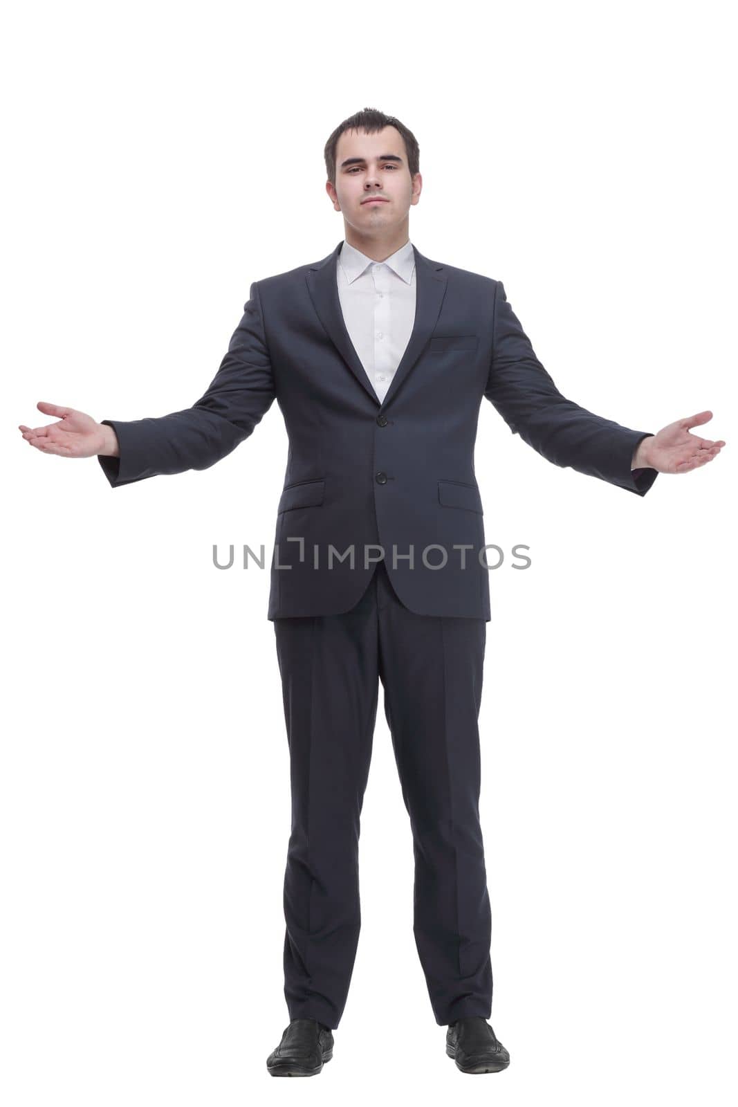 portrait of caucasian mature business man with hand on chin, looking at camera. Front view on white background