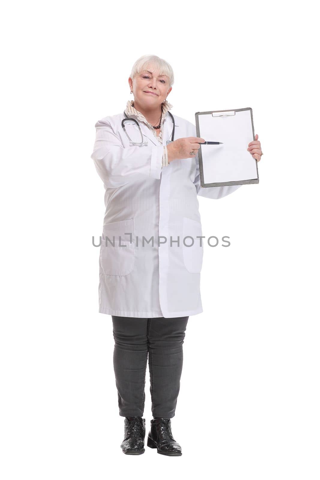 Female doctor holding empty folder with files of desease illness and point by pen blank clipboard. Concept of results and information of treatment