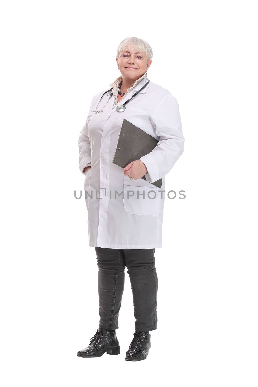 Portrait of caucasian mature thoughtful doctor female holding clipboard. Isolated shot of doctor woman with stethoscope on the neck