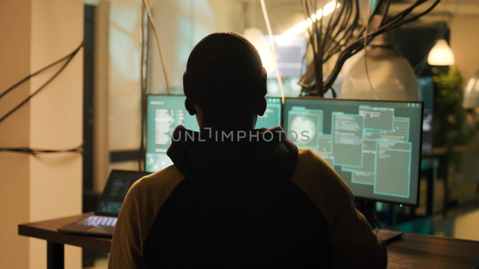 Silhouette of male hacker breaking firewall encryption to plant trojan virus by DCStudio