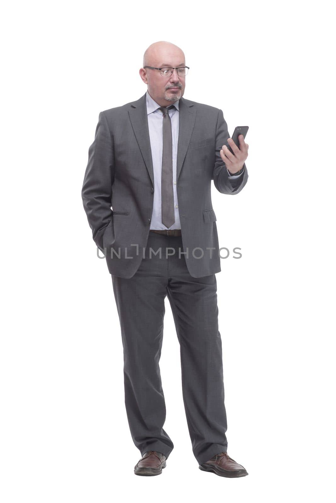 in full growth. business man with a smartphone. by asdf