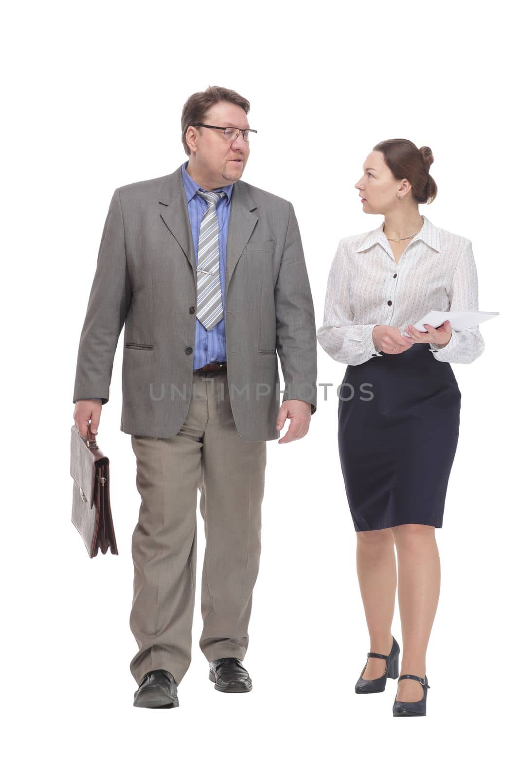 in full growth. businessman and business woman . isolated on a white background.