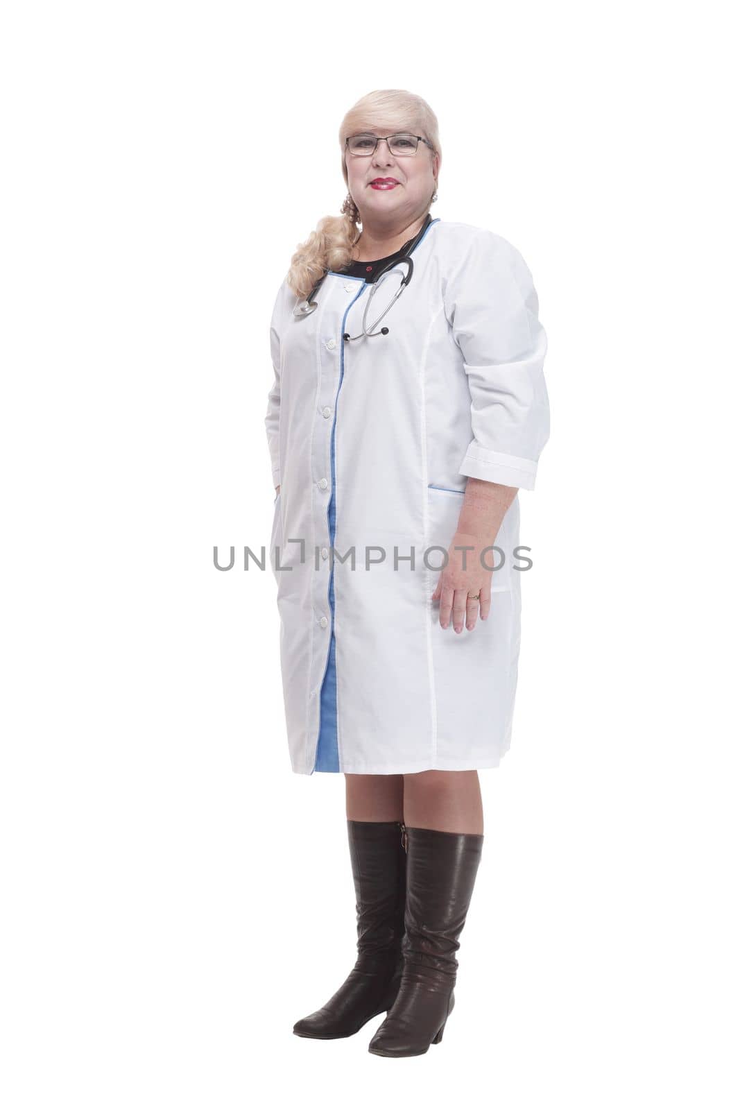 Mature female paramedic with a stethoscope . isolated on a white background.