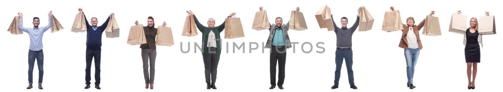 a group of people are running paper shopping bags by asdf