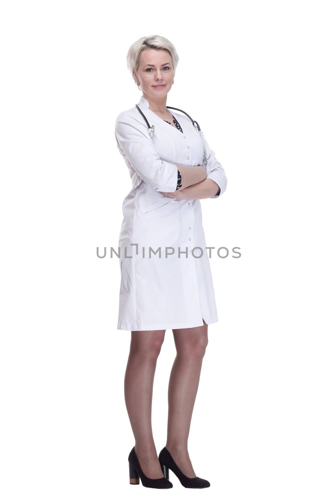 young woman doctor looking at you . isolated on a white background. by asdf