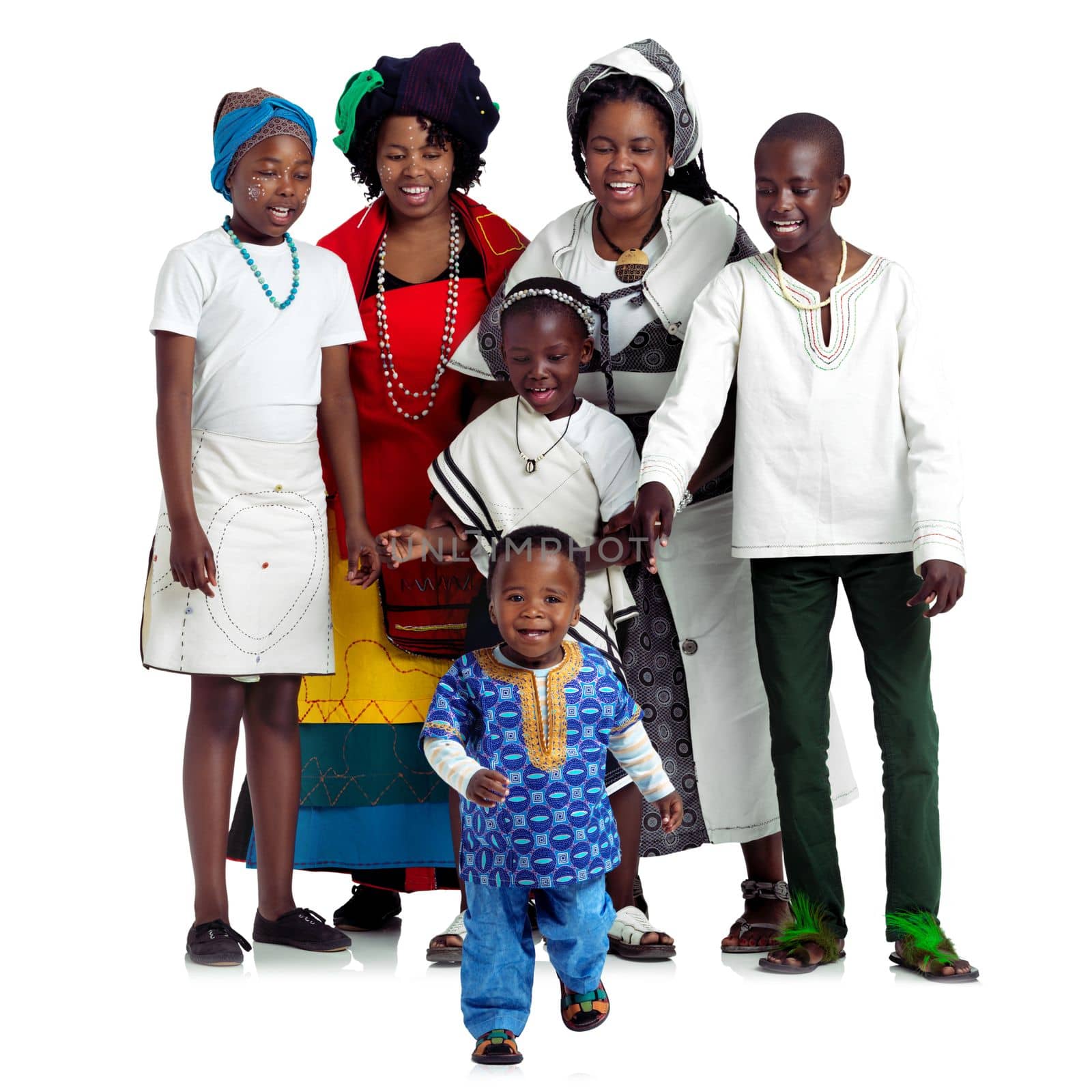 Family starts in your heart. Studio shot of two traditional african women with their children against a white background