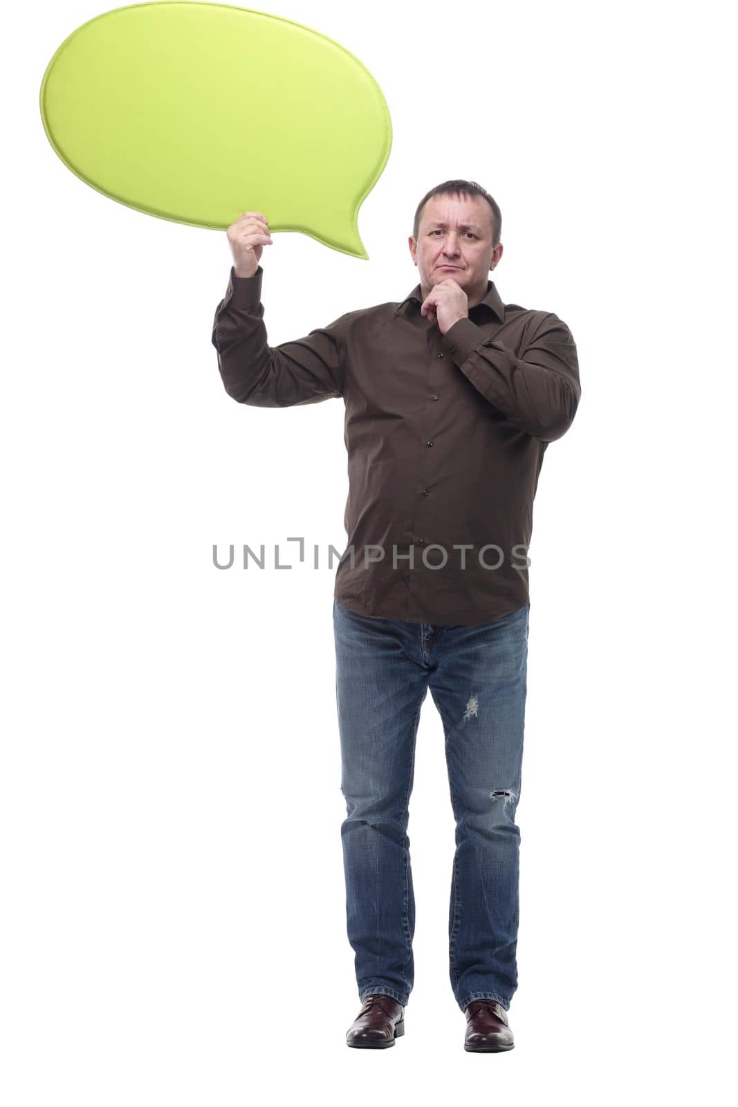 in full growth. mature man with a speech bubble . isolated on a white background.