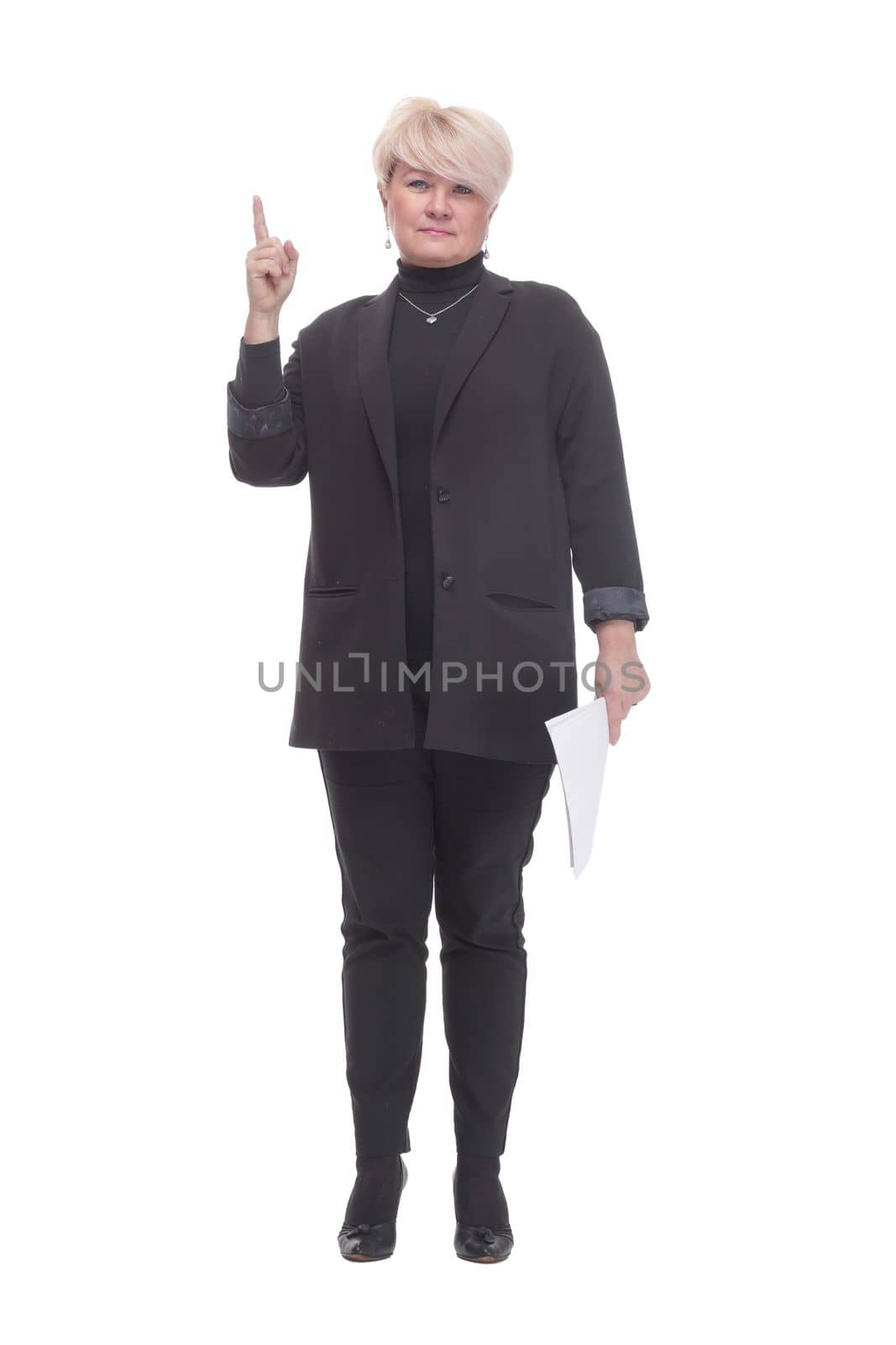 in full growth. business woman with a stack of business documents. isolated on a white background.