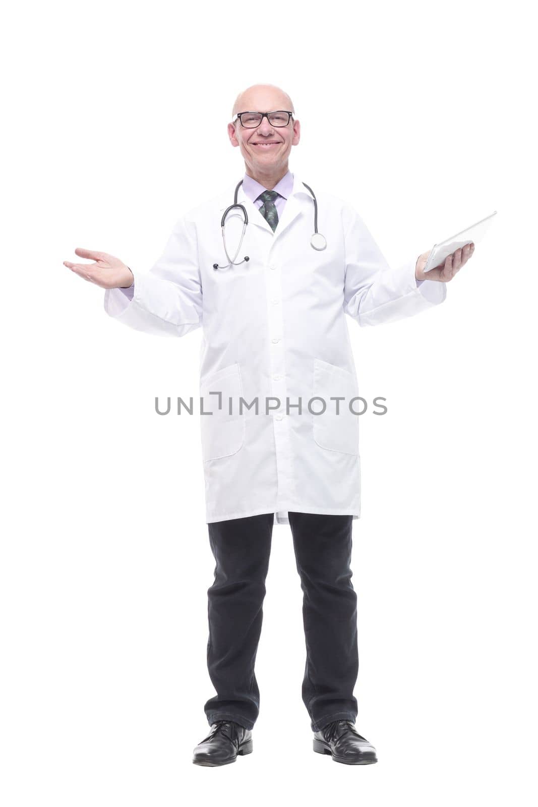 smiling doctor with a digital tablet. isolated on a white background.