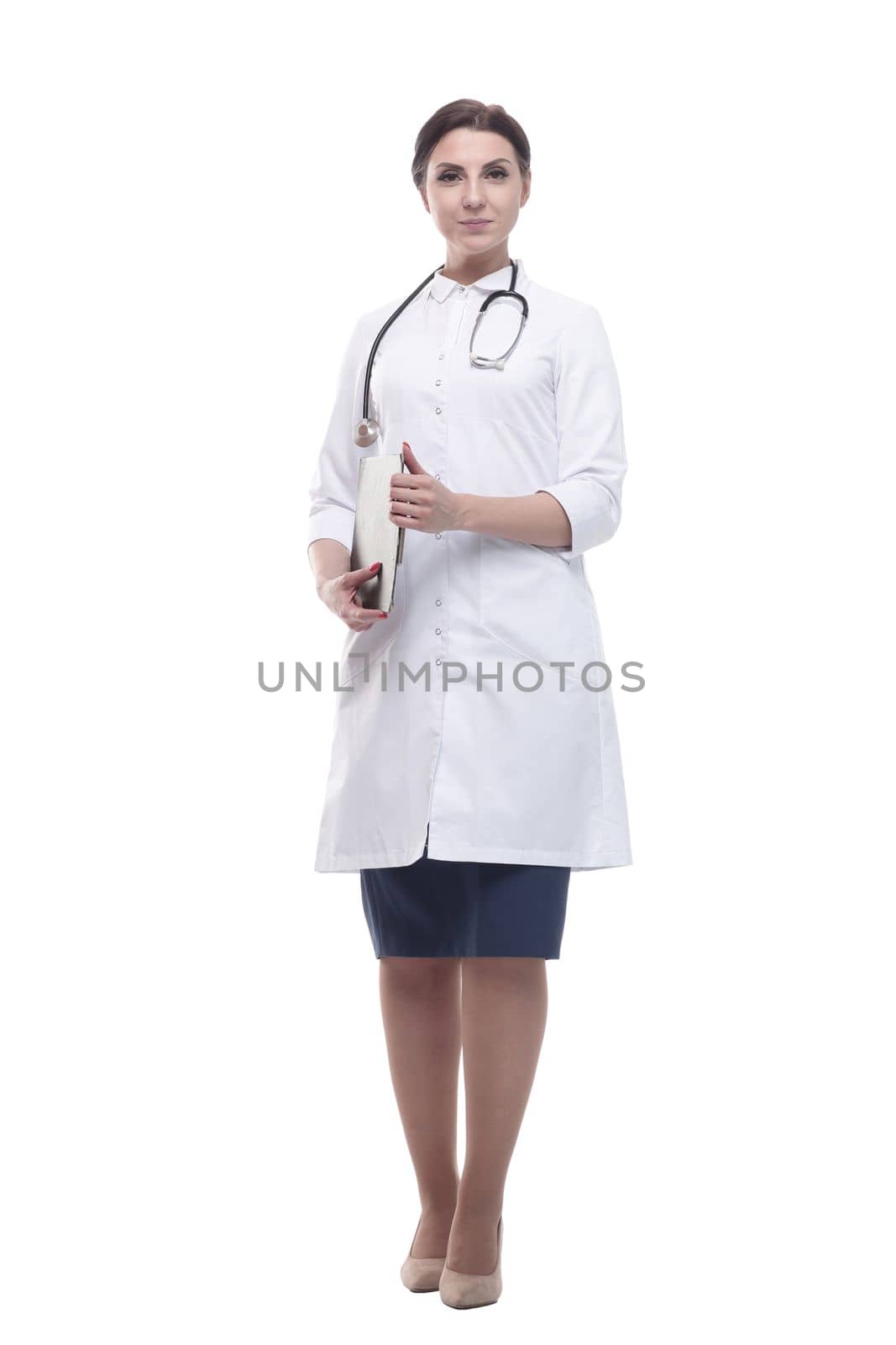 in full growth. female doctor with clipboard. isolated on a white background.