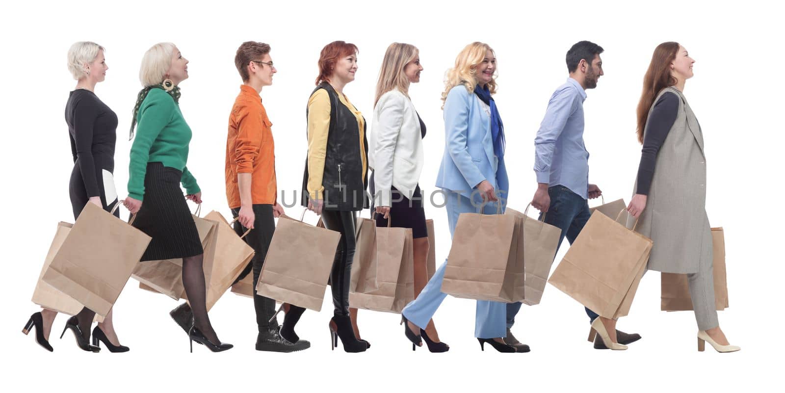 a group of people stand in line with shopping bags. isolated on white
