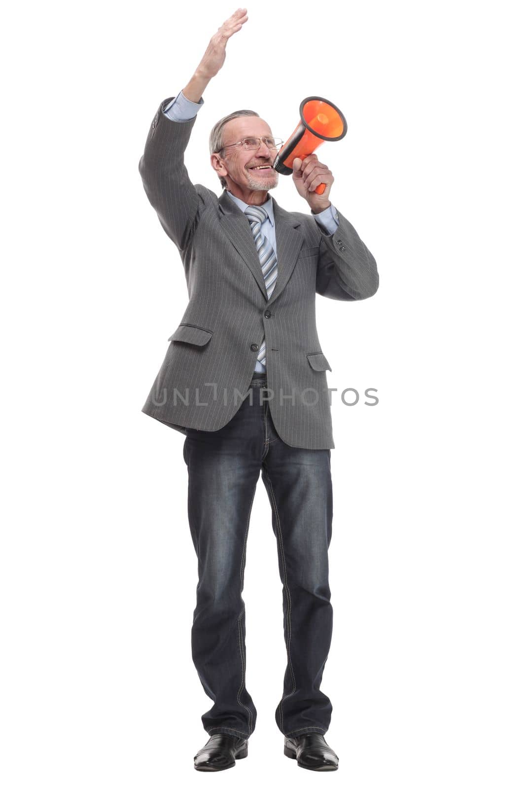 Front view of a mature businessman speaking with megaphone against white background