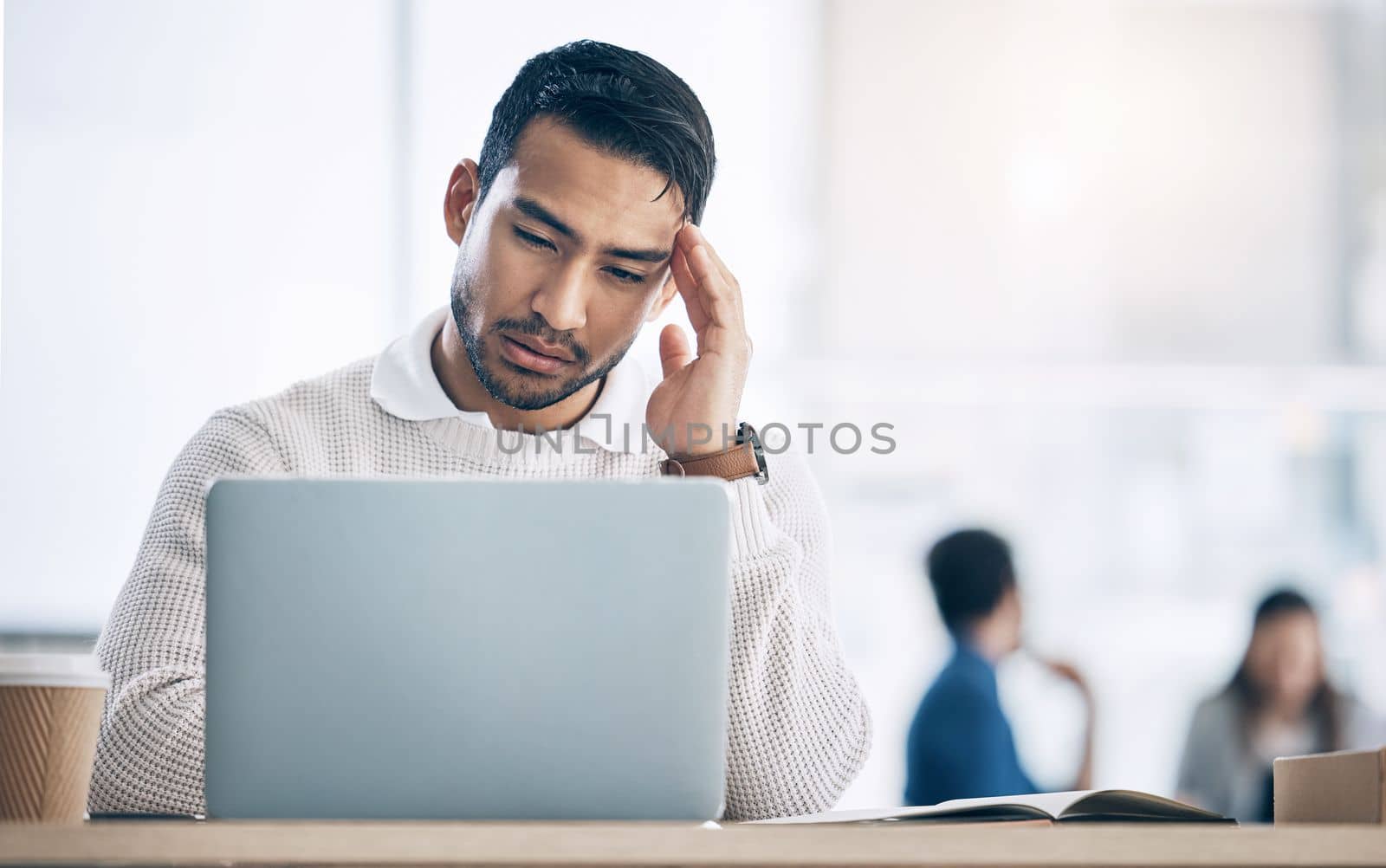 Headache, businessman and laptop, stress and burnout, tech glitch or mental health problem at office desk. Frustrated, confused and anxiety worker, computer and online mistake, tax crisis and failure.