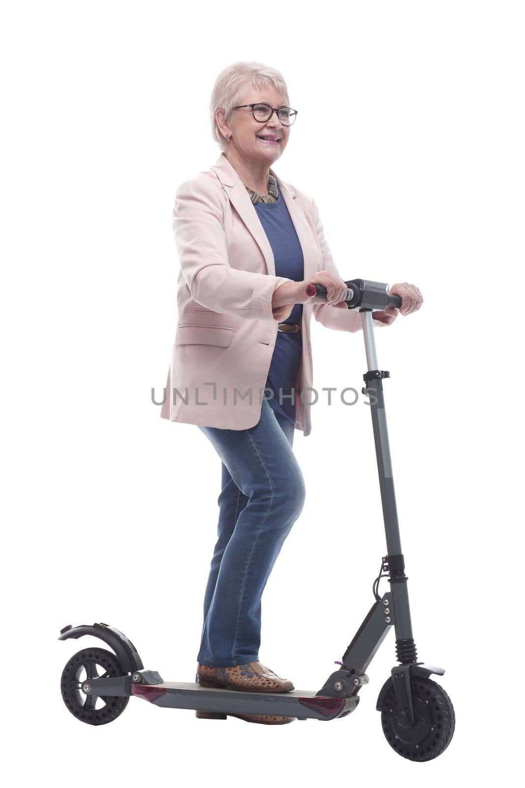 in full growth. happy adult woman with electric scooter. isolated on a white background