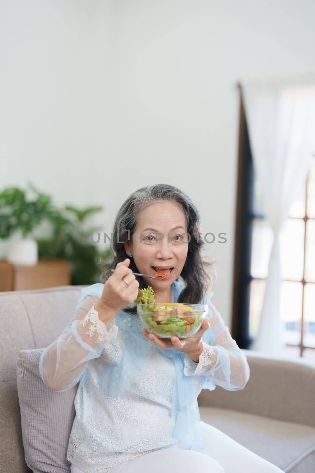 Portrait of an elderly Asian woman taking care of her health by eating salad. by Manastrong