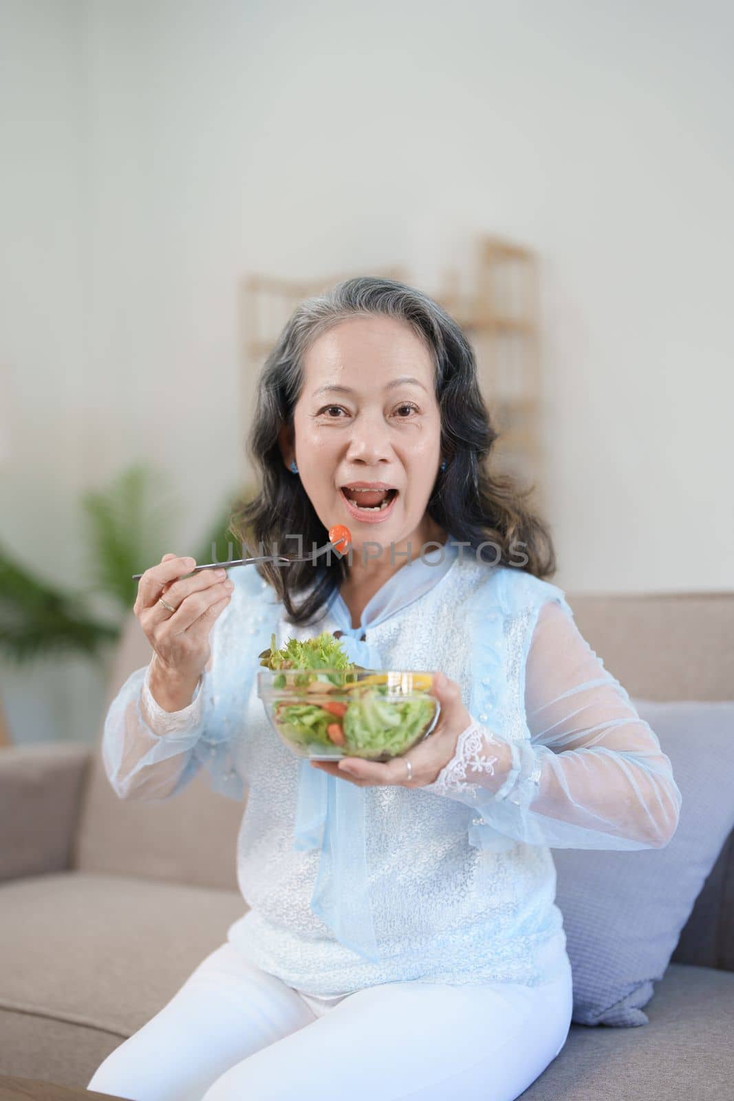 Portrait of an elderly Asian woman taking care of her health by eating salad