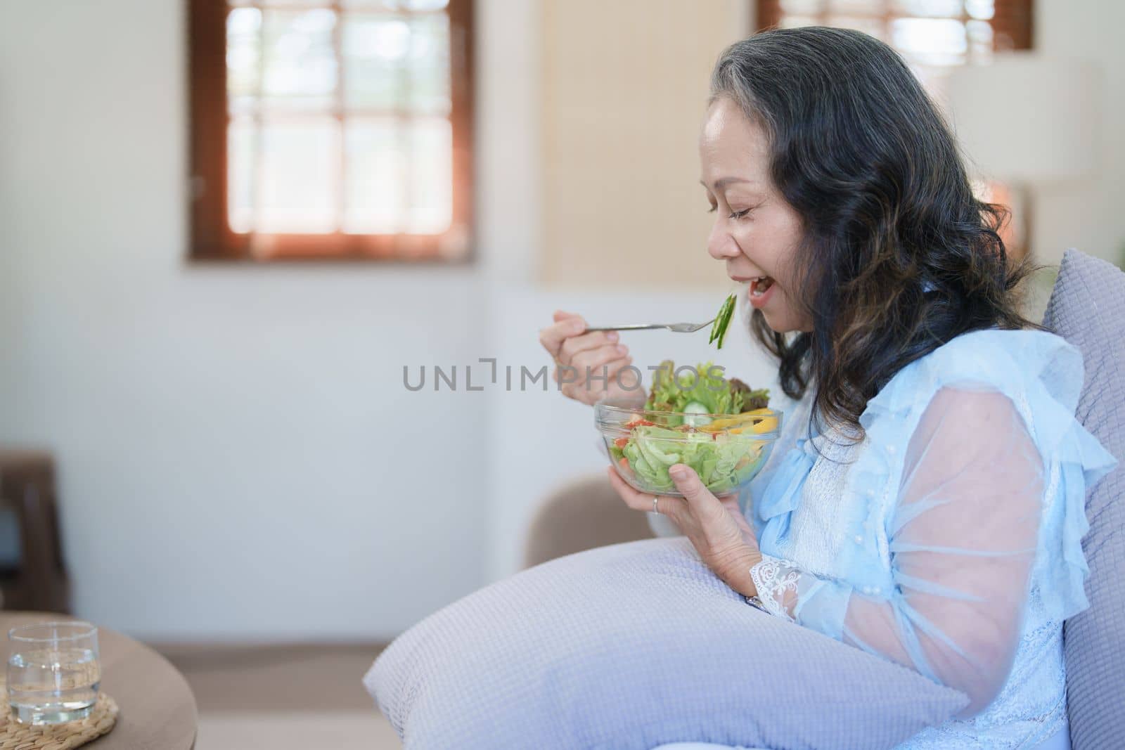 Portrait of an elderly Asian woman taking care of her health by eating salad