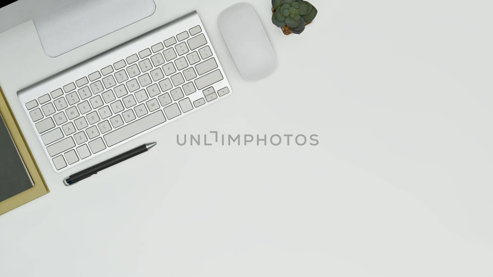 Office desk with keyboard, mouse, notebook and coffee cup. Top view with Copy space for your text by prathanchorruangsak