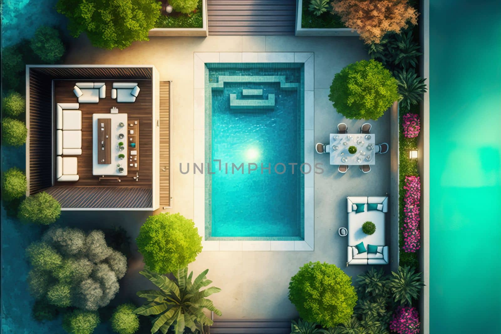 Swimming pool blue water in summer top view angle. Aerial view of swimming pool in a sunny day, relax on vacation time. by igor010