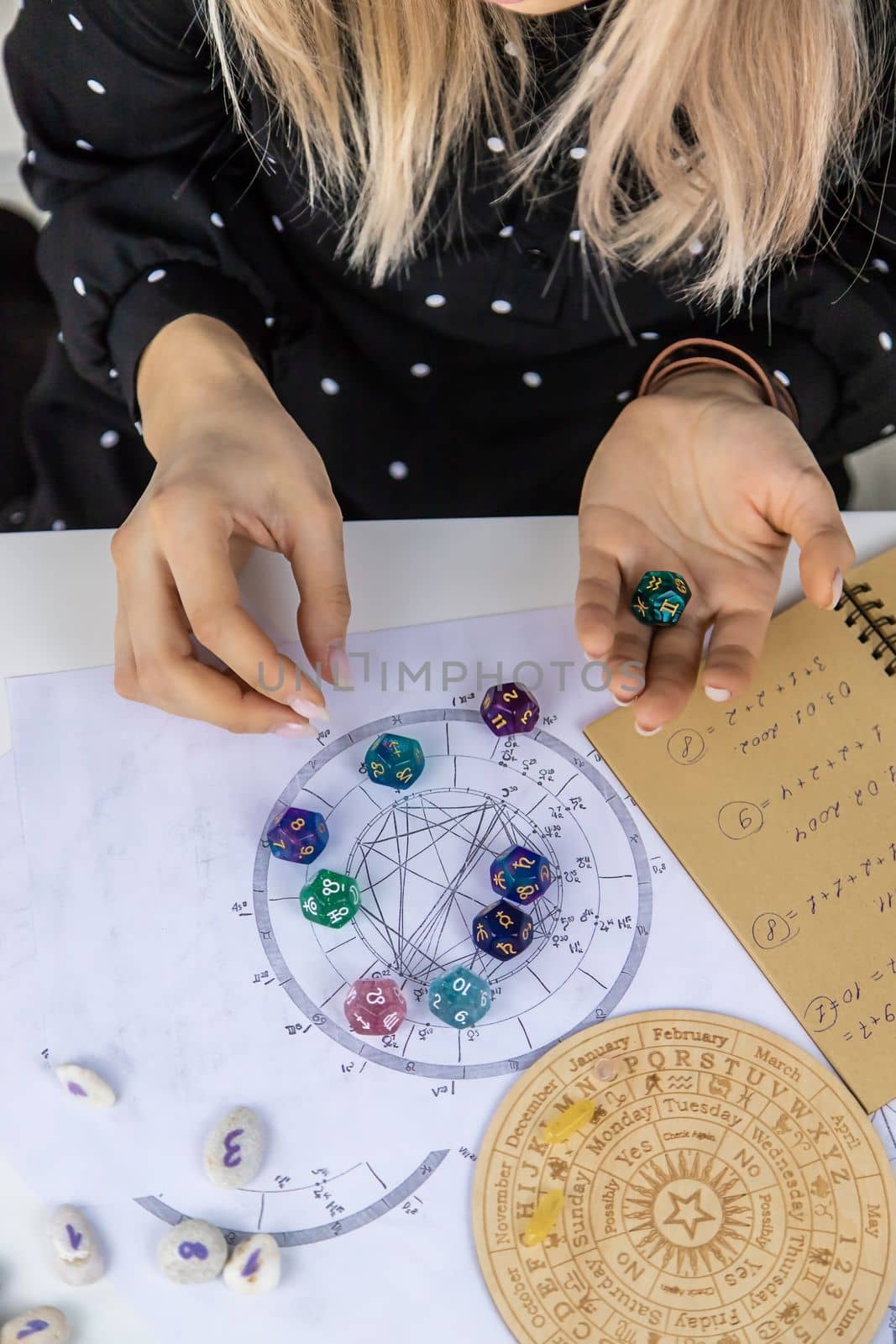 Woman numerologist astrologer counts numbers. Selective focus. People.