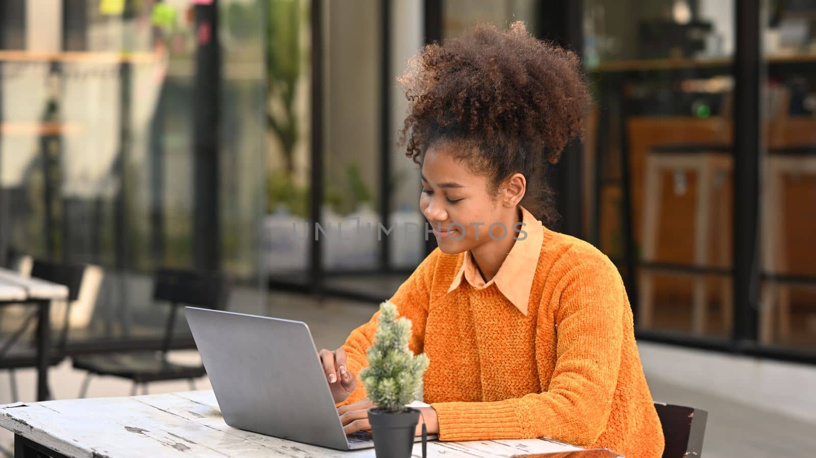 Smiling African American woman having a video call or watching online webinar on laptop while sitting at outdoor.