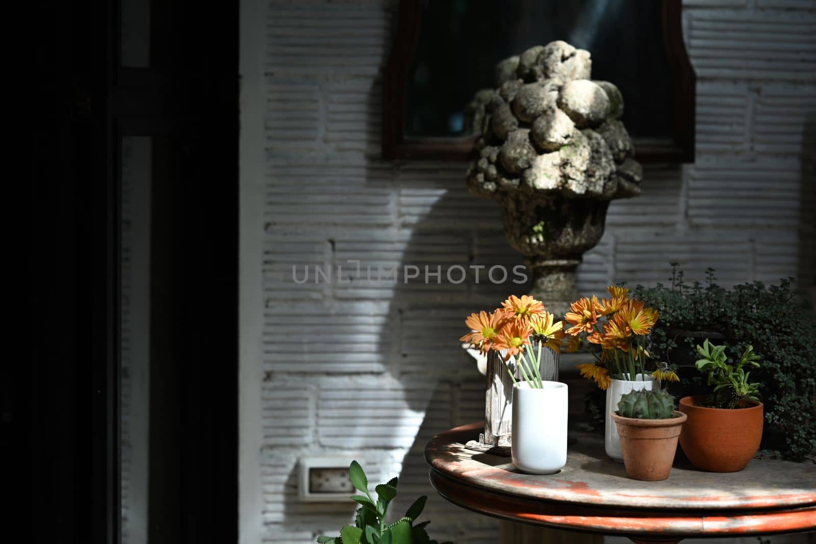 Bouquet of beautiful gerbera flowers in vase with sunlight from a sunset shining through gaps in window.