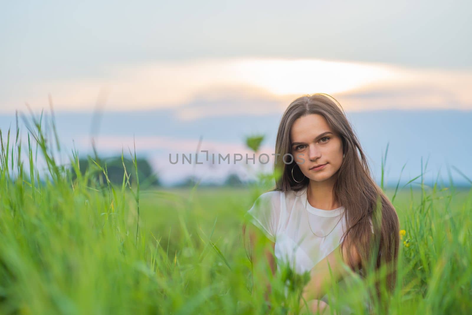 Portrait of a long-haired girl posing in a field on a summer evening
