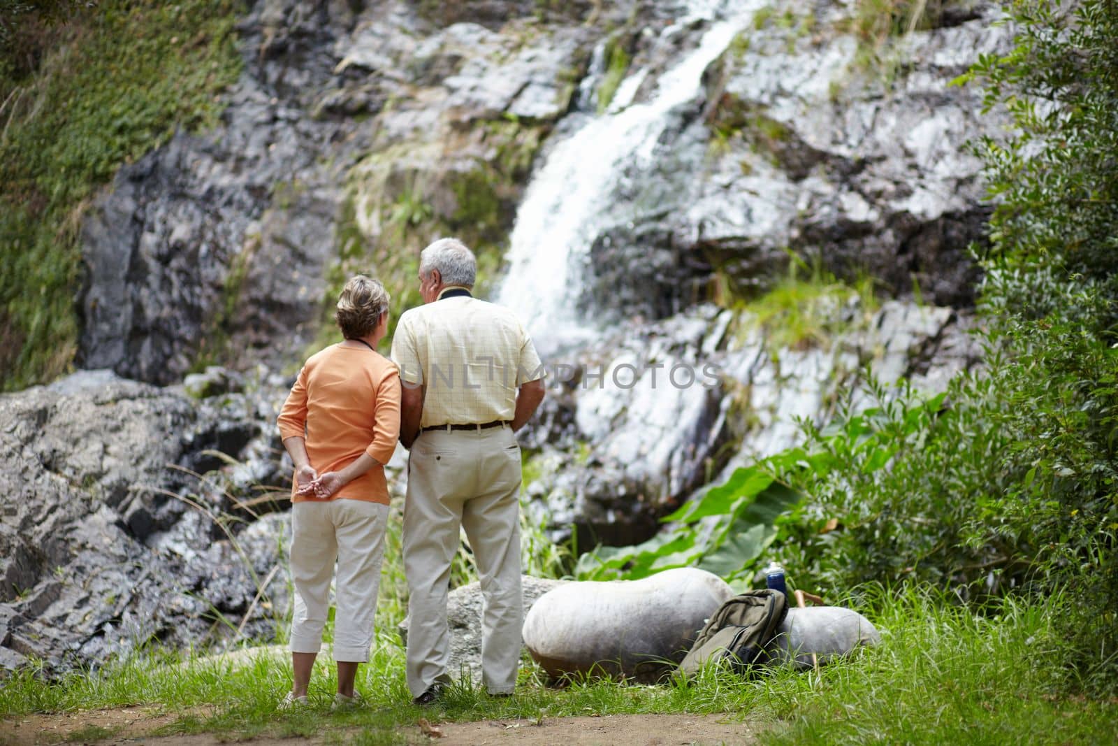 In awe of the beauty of nature. Rear view of a senior couple embracing and admiring a waterfall. by YuriArcurs