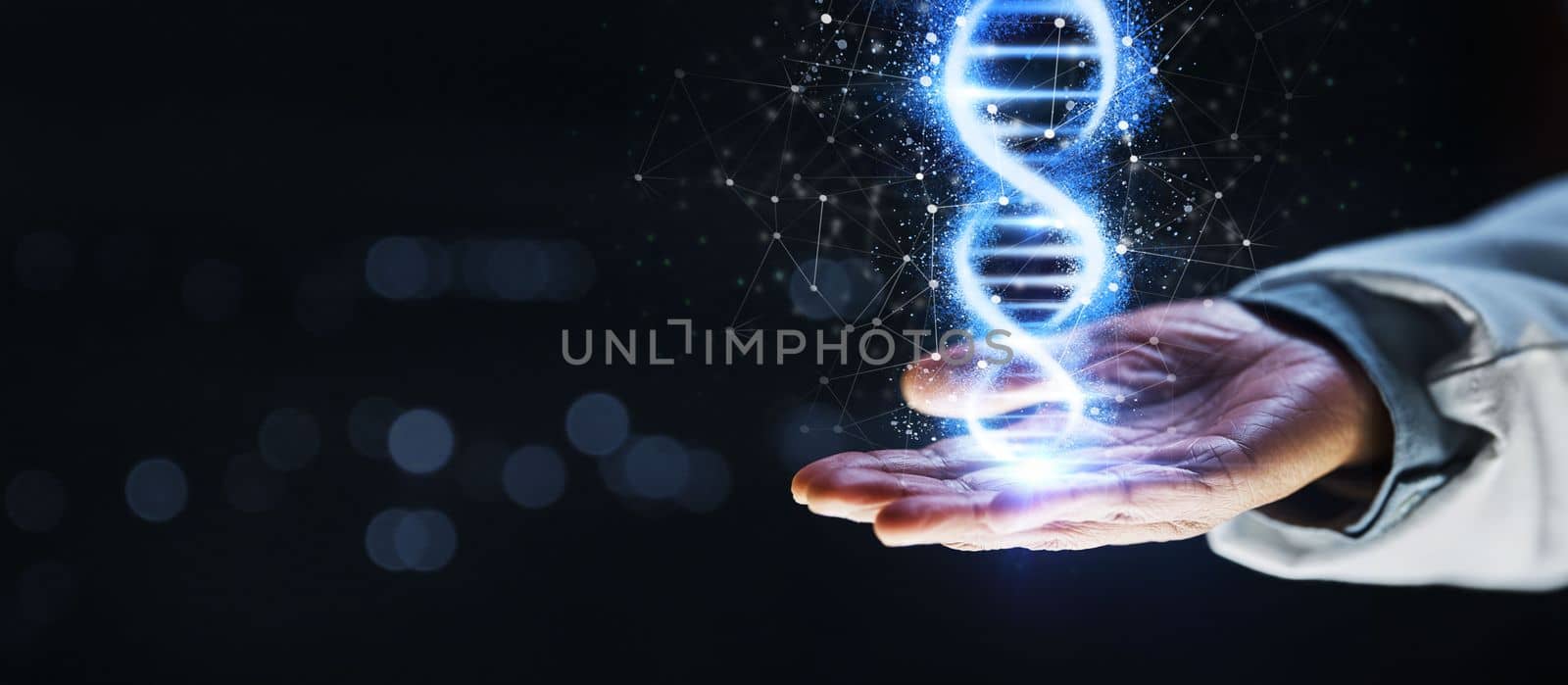 Doctor, hand or 3d dna helix in healthcare analytics, genetic engineering or life insurance mockup on isolated black background. Zoom, abstract or futuristic genes hologram for medical hospital woman.