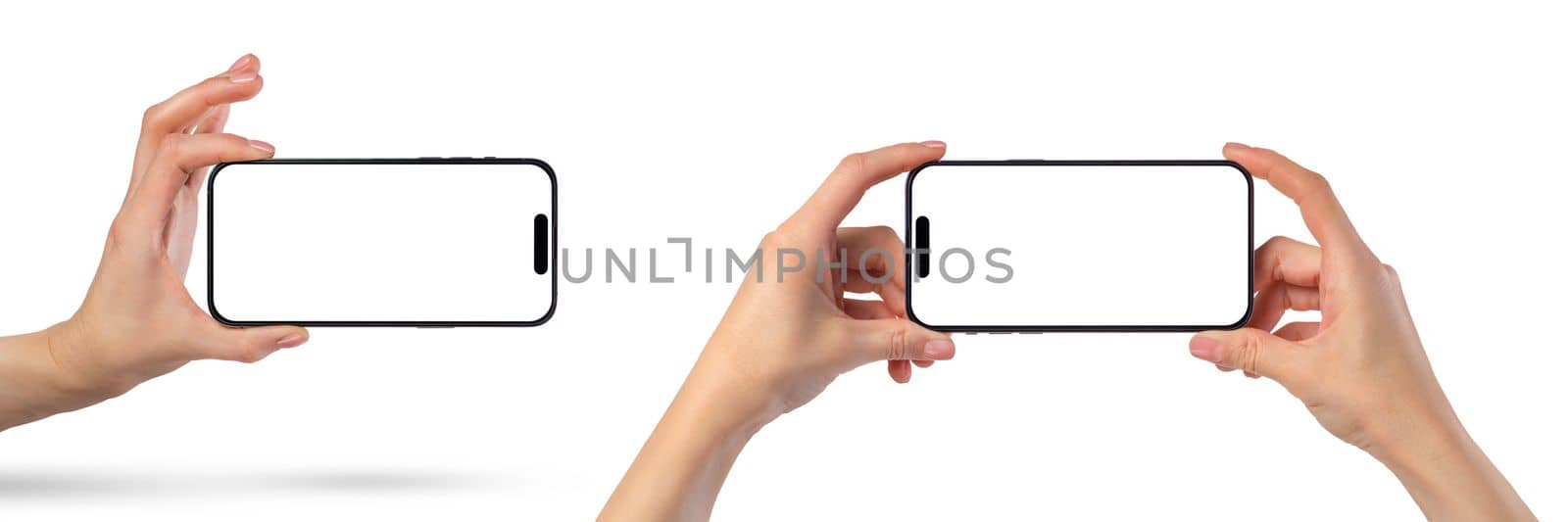 Phone in hand, set. Modern, new phone in hand isolated on white background from different angles. Mockup set, smartphones in hands from different sides to be inserted into the project.