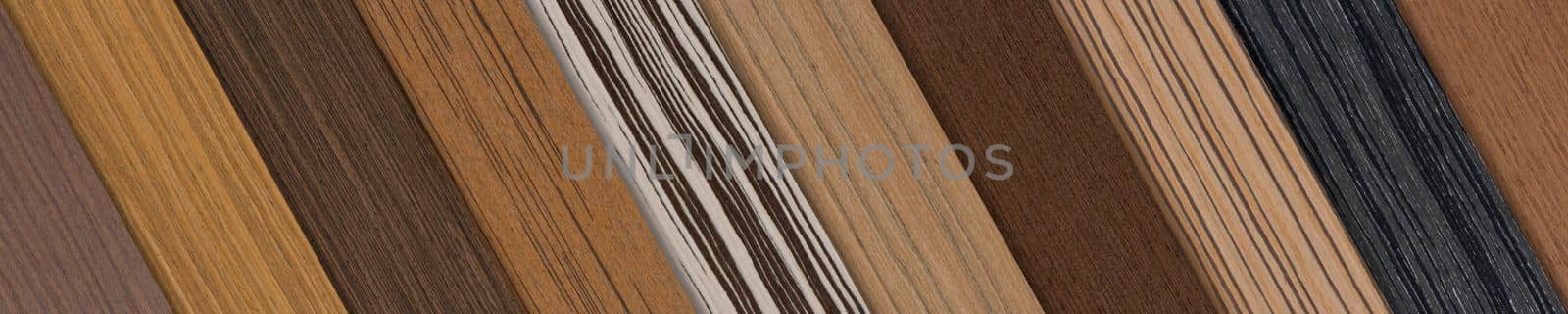 Samples of wood of different species. Pieces of wood veneer in different shades and textures. Samples of wood for the production of floor furniture or doors top view. by SERSOL