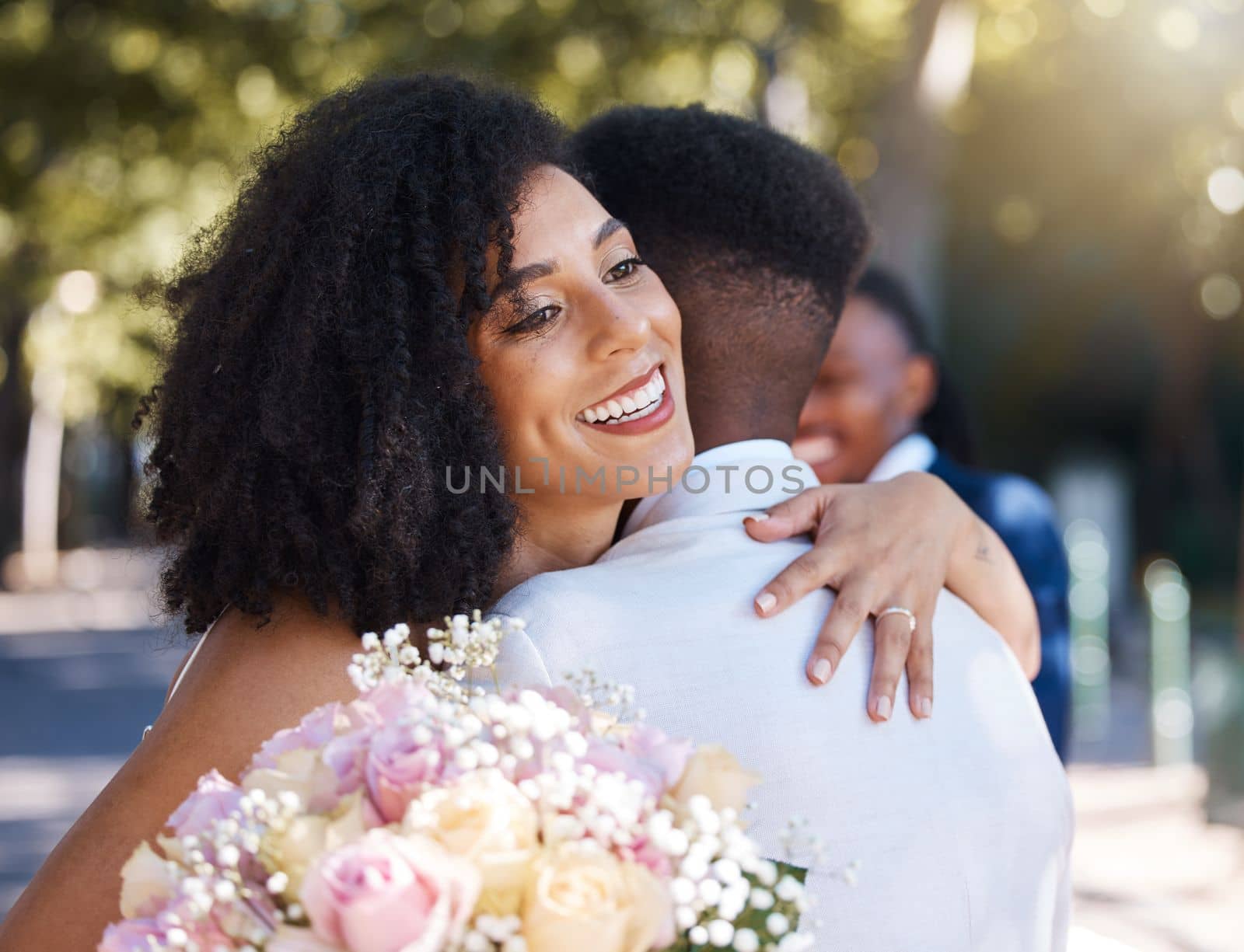 Wedding, couple and outdoor marriage celebration event for bride and groom together with commitment. Happy married man and woman at ceremony with trust, partnership and a hug with flower bouquet.