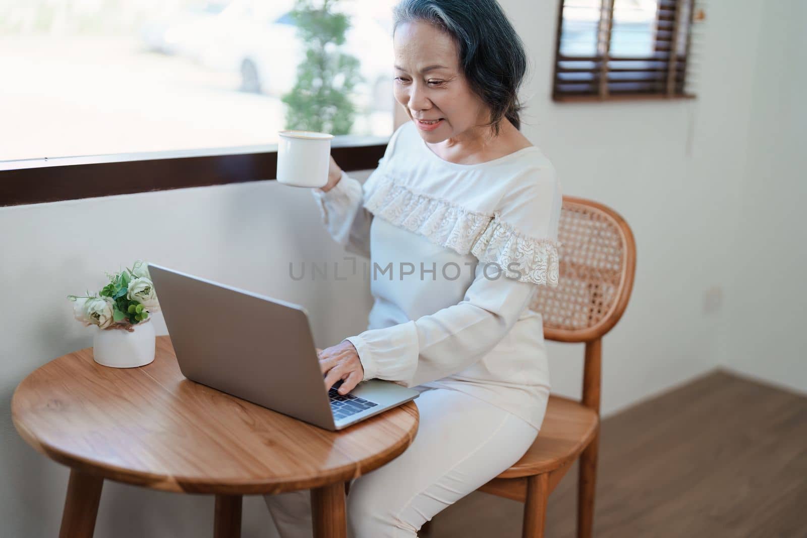 Portrait of an elderly Asian woman in a modern pose working on a computer