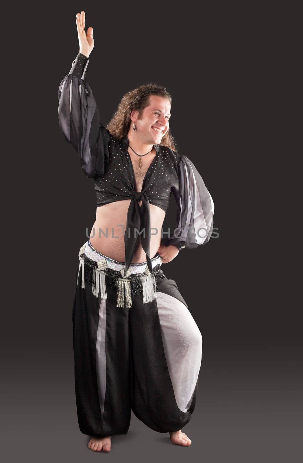 Man dance in oriental arabian costume - black and white