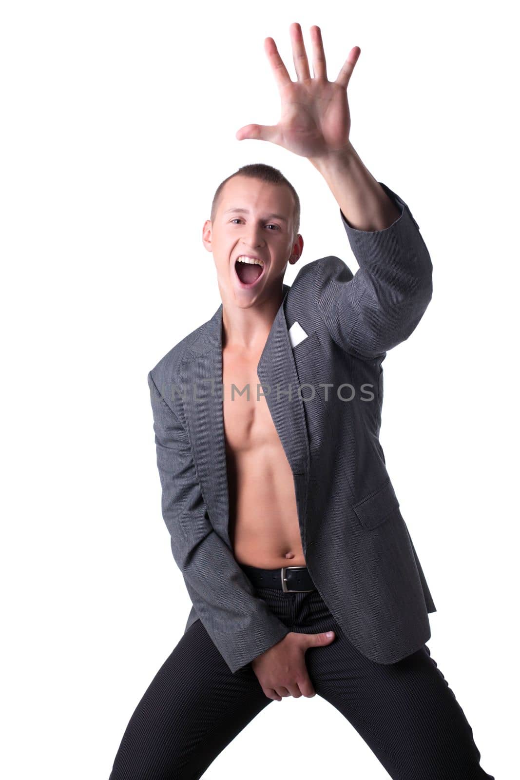 Cheerful young dancer in costume isolated on white background