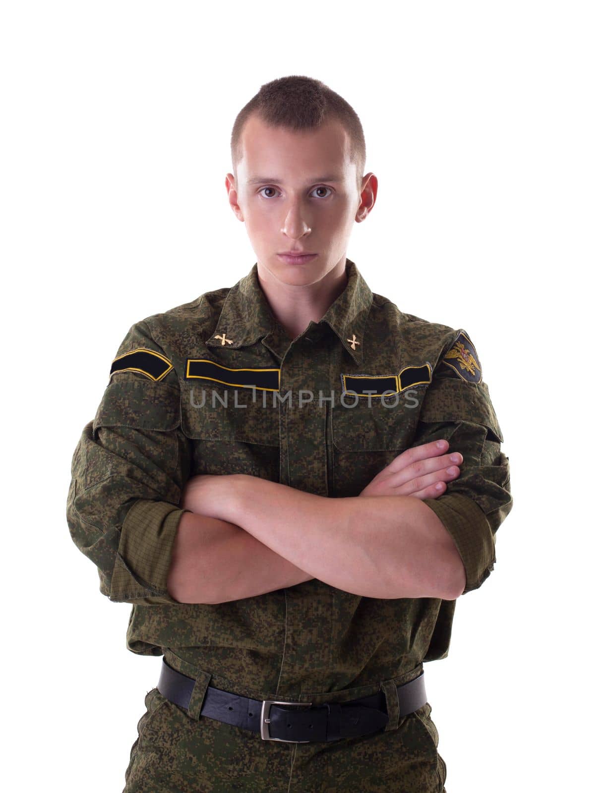 Portrait of handsome man in military form, isolated on white