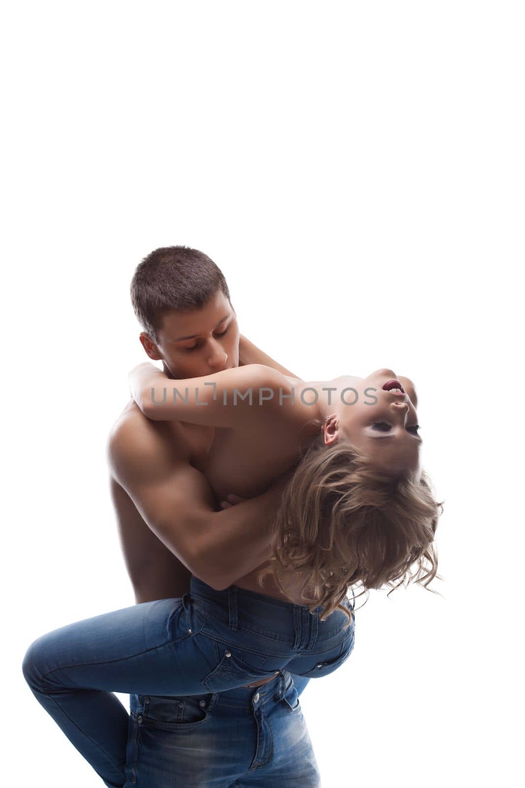 Sexy couple posing kissing in jeans topless by rivertime