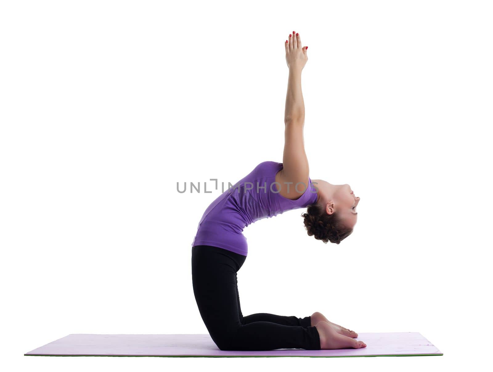 woman as yoga instructor posing in asana on rubber mat isolated