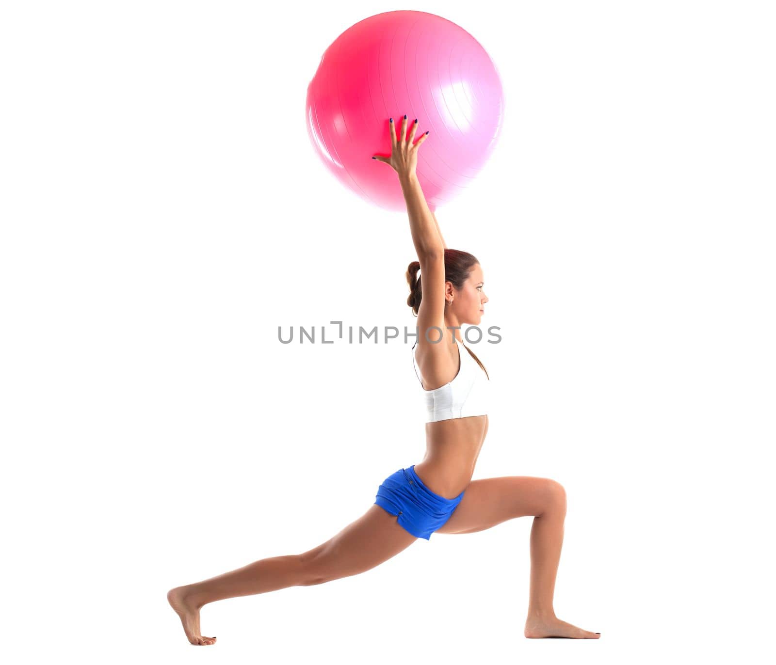 young woman stand with fitness ball isolated