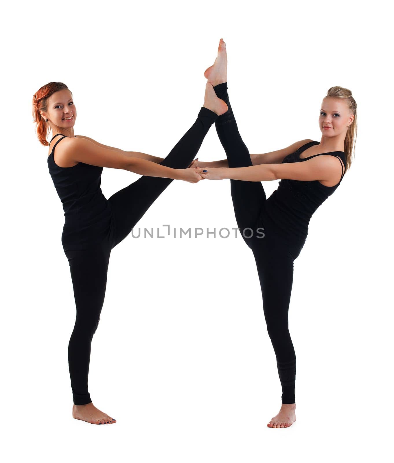 two young woman gymnast in black stand on split by rivertime