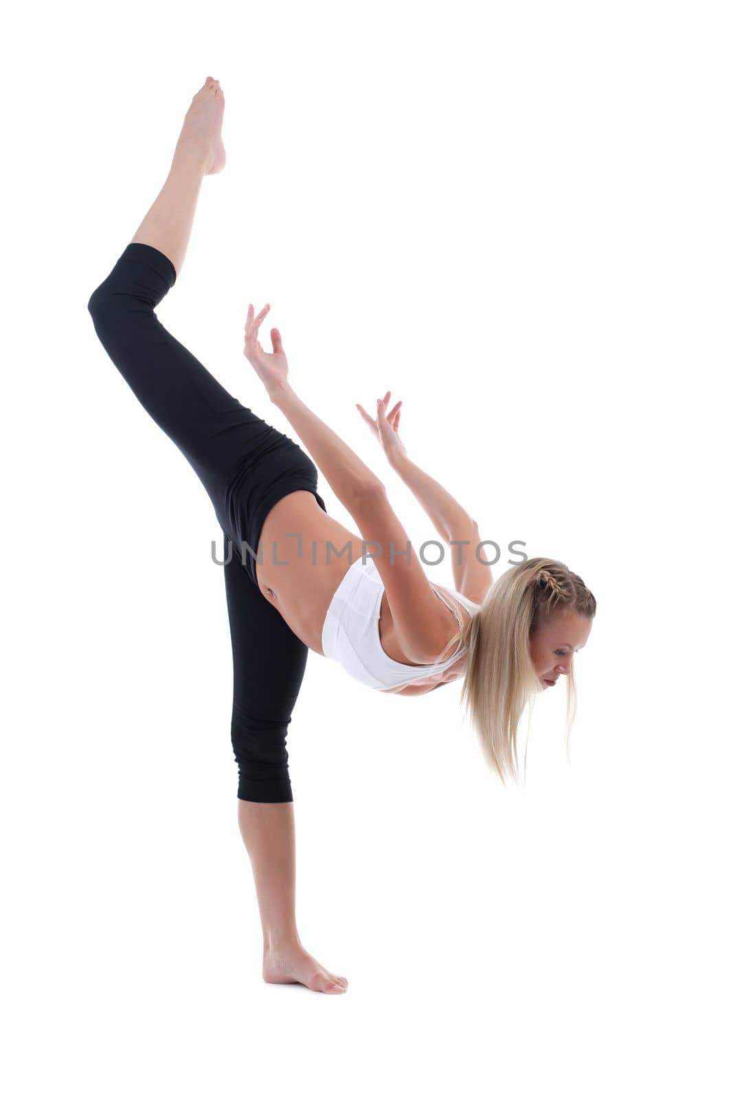 young woman stand on split isolated by rivertime