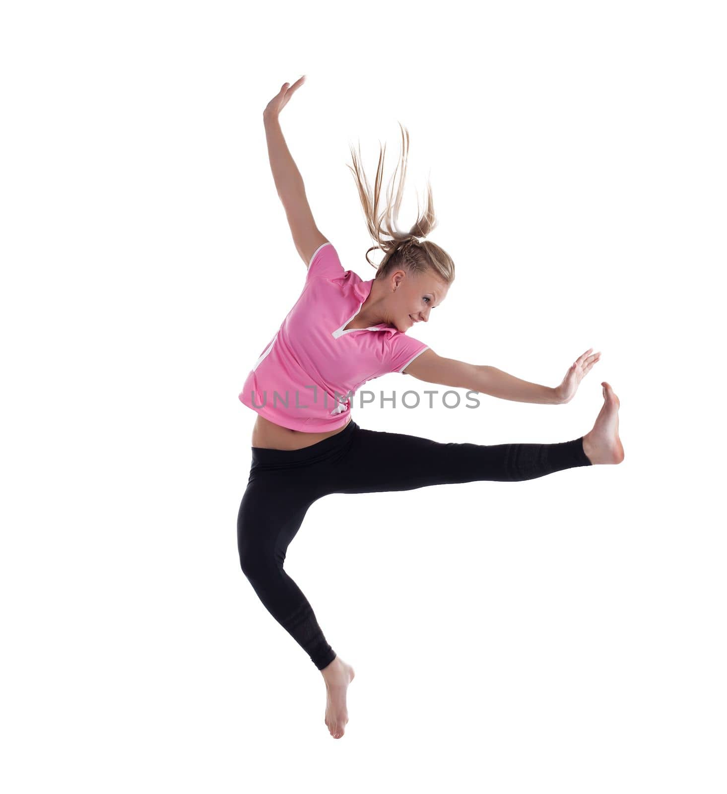 young woman in high jump in fitness costume isolated