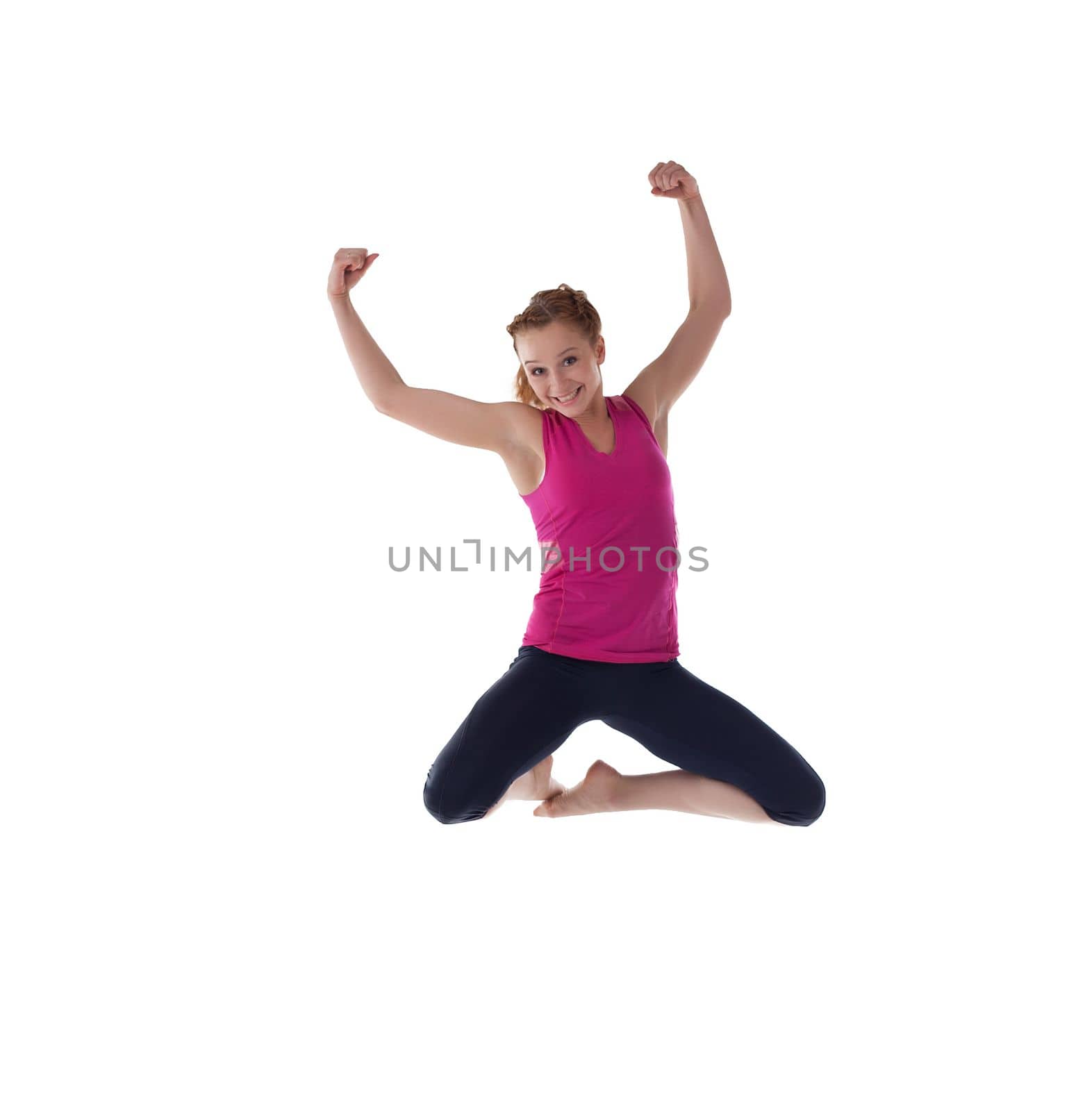 young woman in high jump in fitness costume isolated