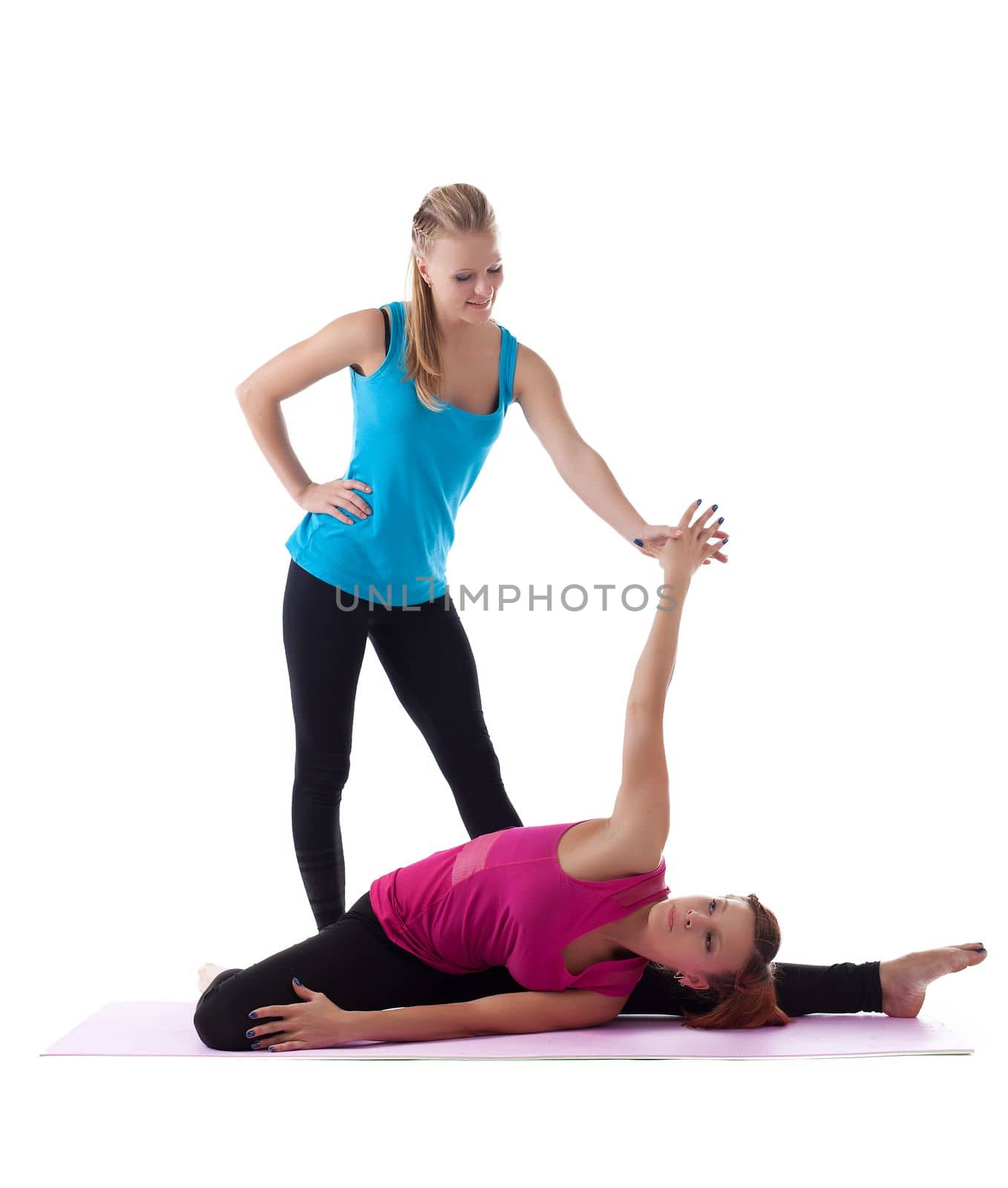 two woman gymnast trainer help doing stretch by rivertime