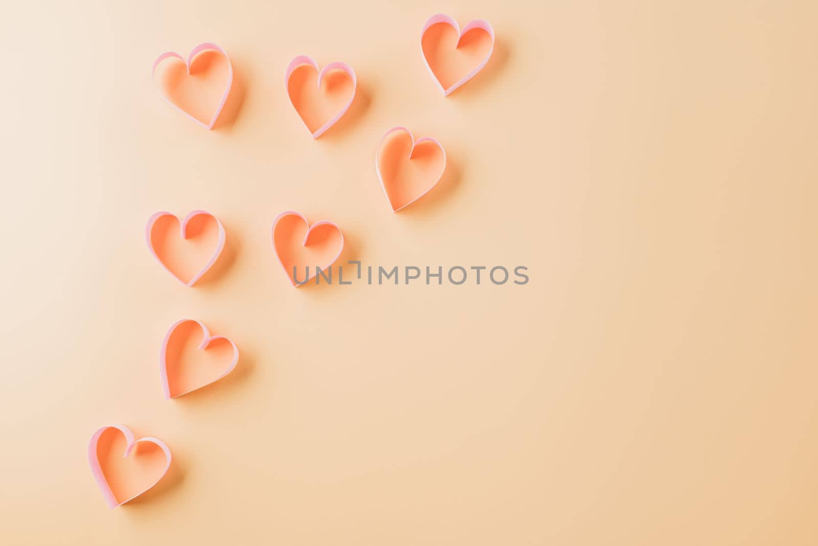 Happy Valentines Day. Top view flat lay pink ribbon heart shaped decorative symbol on pastel background, love romance concept, template banner design with copy space, Mother, Woman day