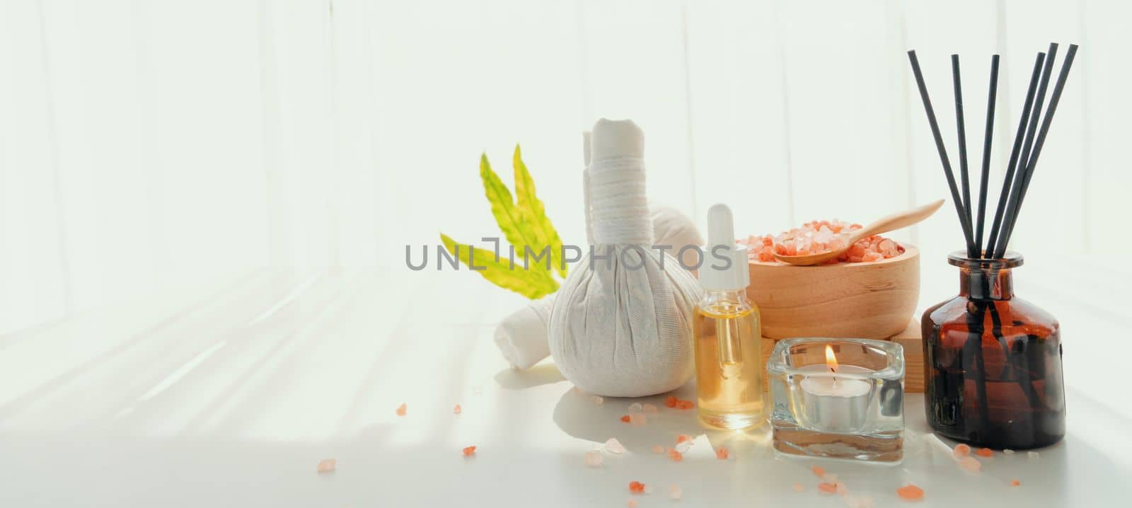 Spa accessory composition set in day spa hotel , beauty wellness center by biancoblue
