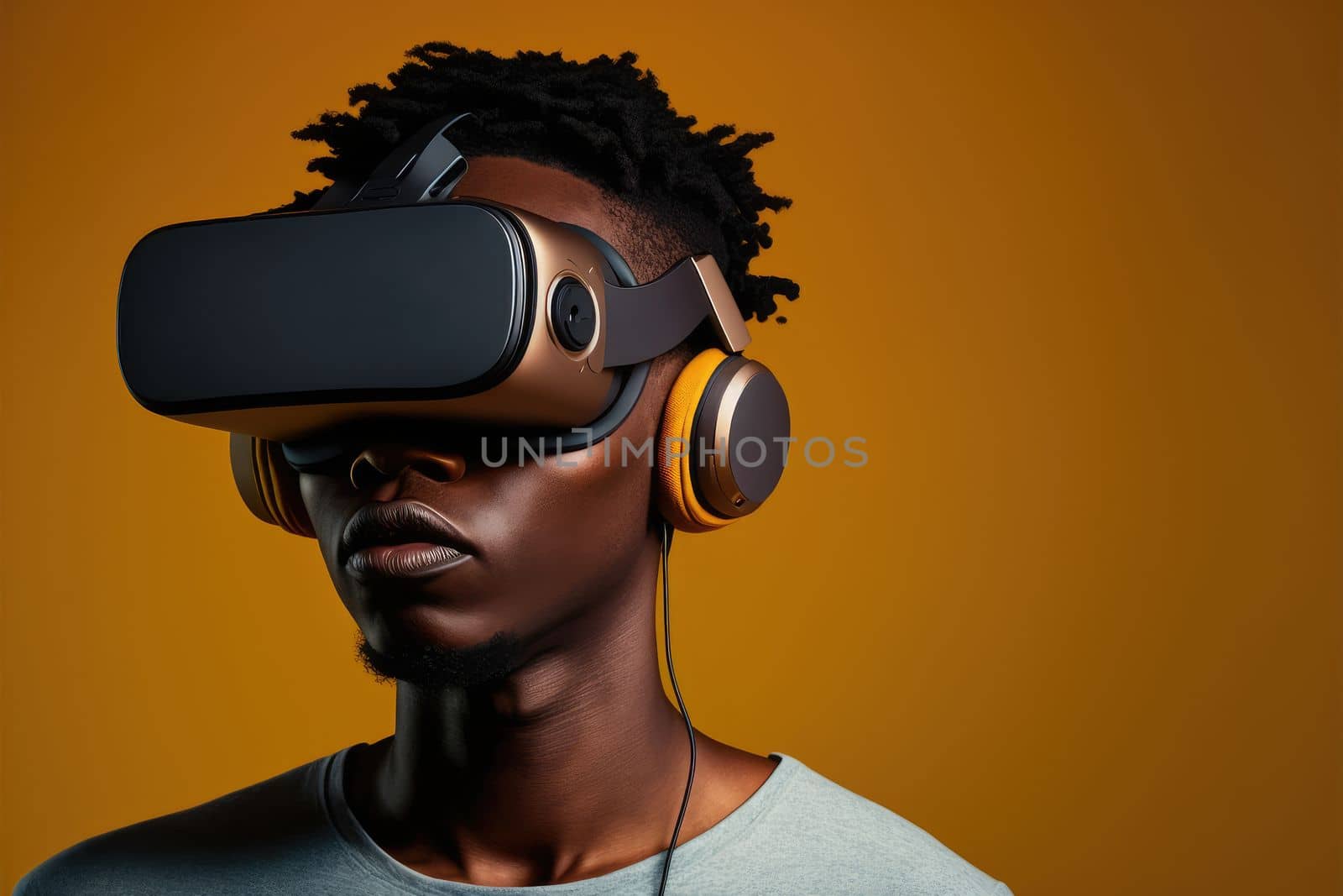 African man wearing virtual reality goggles standing studio clean background by biancoblue