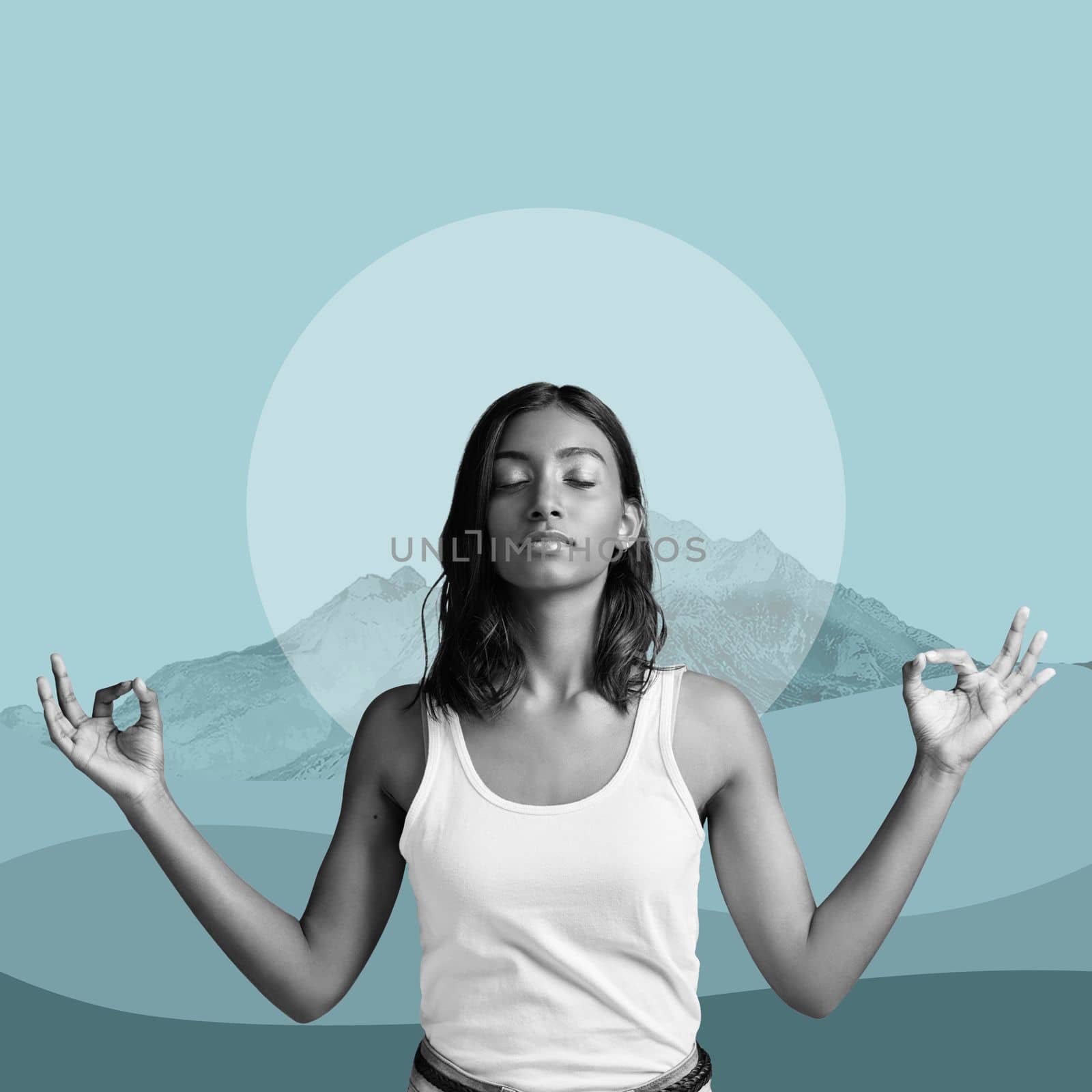 Zen, meditation and woman on poster, mountain on blue background and lotus pose in balance. Art, yoga advertising and creative collage design for health, wellness and calm, spiritual lifestyle studio.